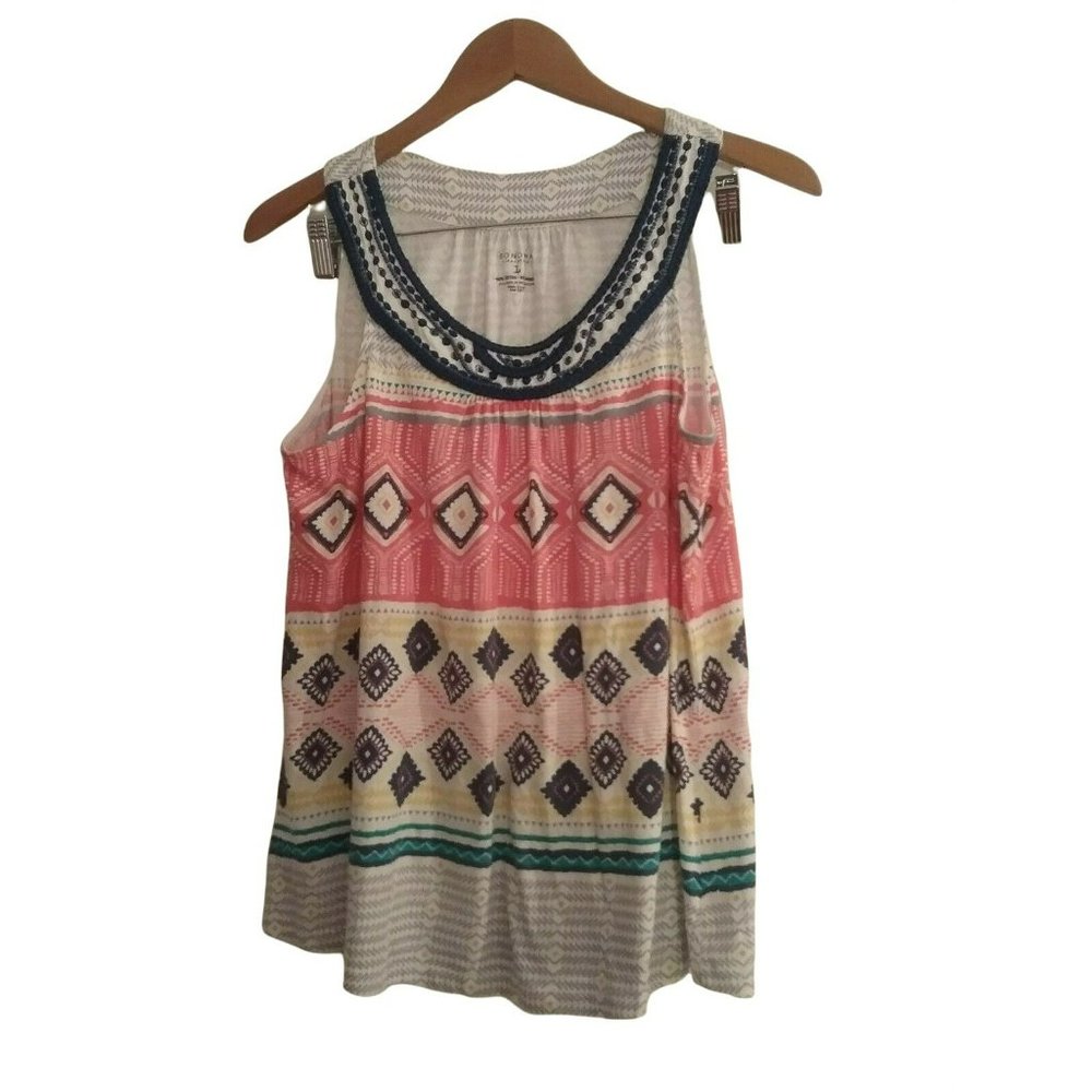 Sonoma Life+Style Scoop Neck Print  Top Size L, Pre-Owned